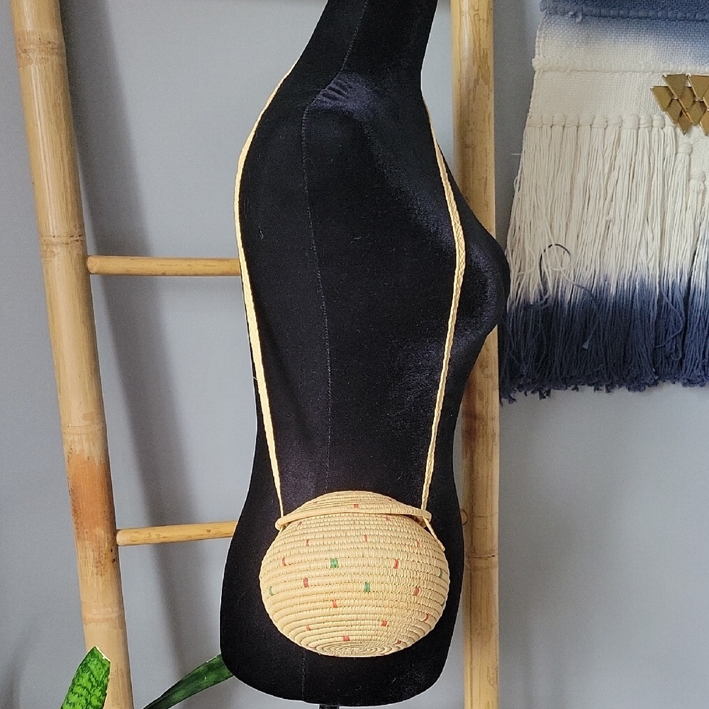 Round Straw Crossbody Bag with Multicolor Accents